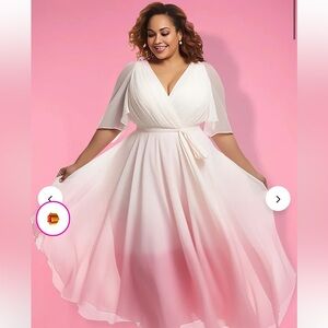 Xpluswear Semi Formal Pink Gradient V Neck Chiffon Midi Dresses